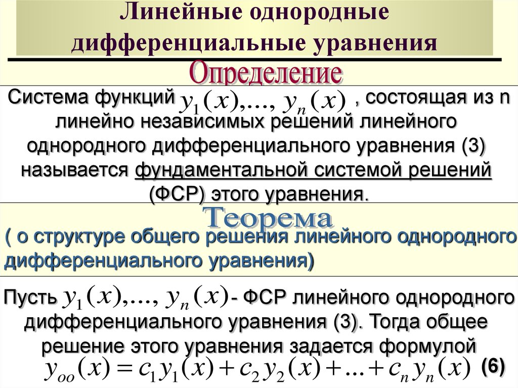 Уравнения n. Линейные однородные уравнения дифференциальные уравнения. Структура решения неоднородного дифференциального уравнения.. Структура общего решения линейного однородного уравнения. Теорему о структуре общего решения однородного уравнения..