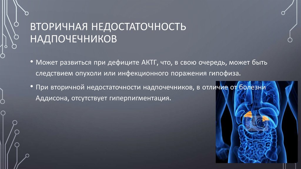 Дефицит надпочечников. Недостаточность функции коры надпочечников. Вторичная недостаточность надпочечников. Вторичная недостаточность коры надпочечников. Причины вторичной надпочечниковой недостаточности.