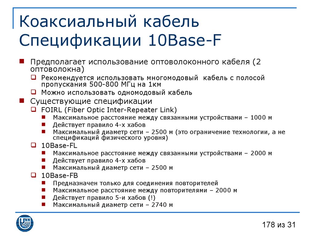 Коаксиальный кабель Спецификации 10Base-F