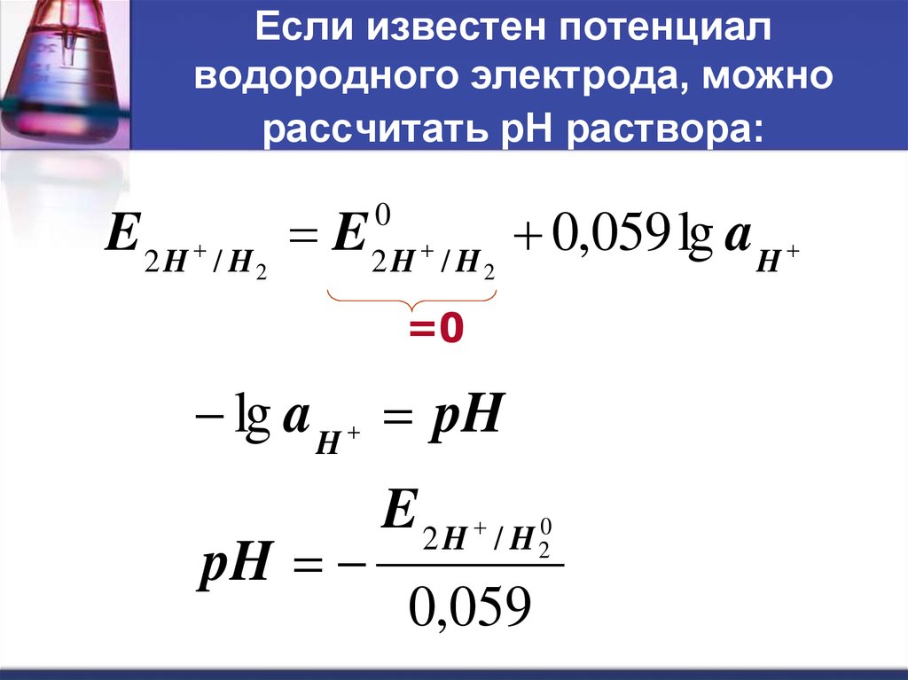 Вычислить в растворе. Расчет потенциала водородного электрода. Потенциал водородного электрода формула. Зависимость потенциала водородного электрода от РН раствора.. Равновесный потенциал водородного электрода.