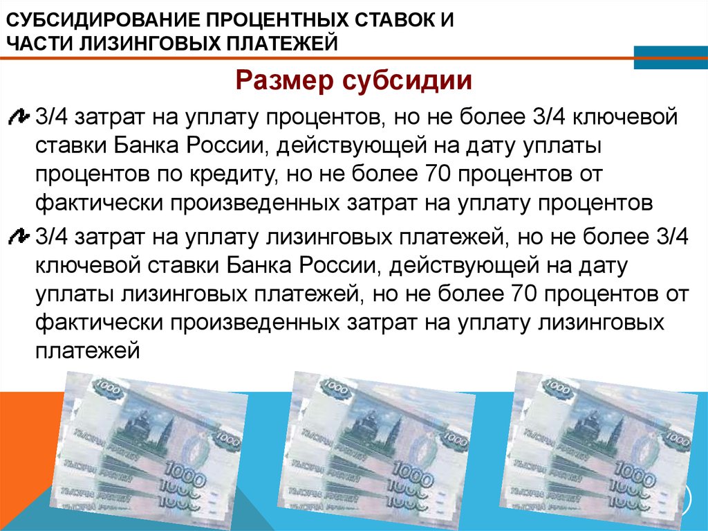 Субсидирование расходов. Субсидирование процентной ставки. Механизм субсидирования процентной ставки. Затраты на уплату процентов. Возможность субсидирования части лизинговых платежей.