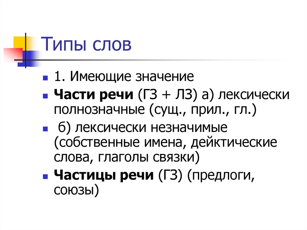 Разновидности слов. Типы слов. Типы слов в языке. Типы значений слова.