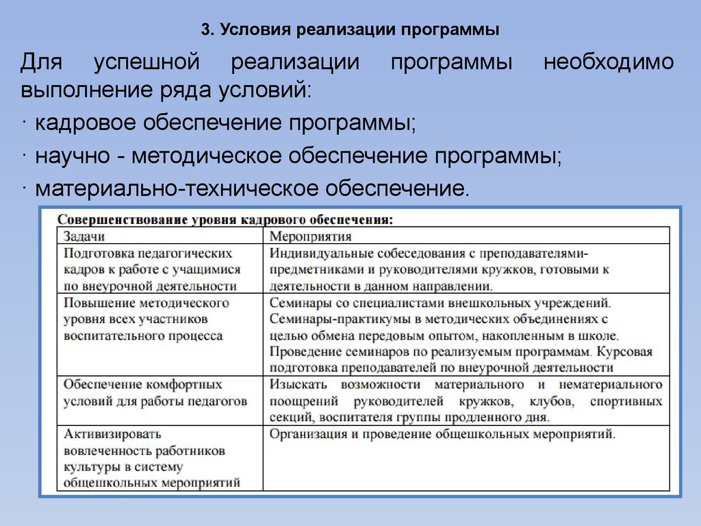 Ряд условий. Кадровая обеспеченность реализации программ. Реализация программы что входит. Задачи кадровое обеспечение деятельности школы. Характеристика на преподавателя внеурочной деятельности.