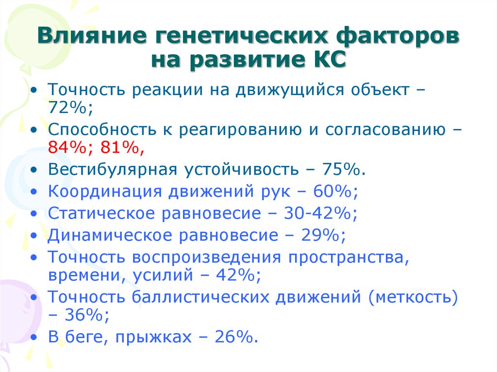 Точность реакции. Факторы влияющие на развитие координационных способностей. Факторы влияющие на генетику. Влияние генетических факторов на развитие способностей. Факторы влияющие на координационные способности.