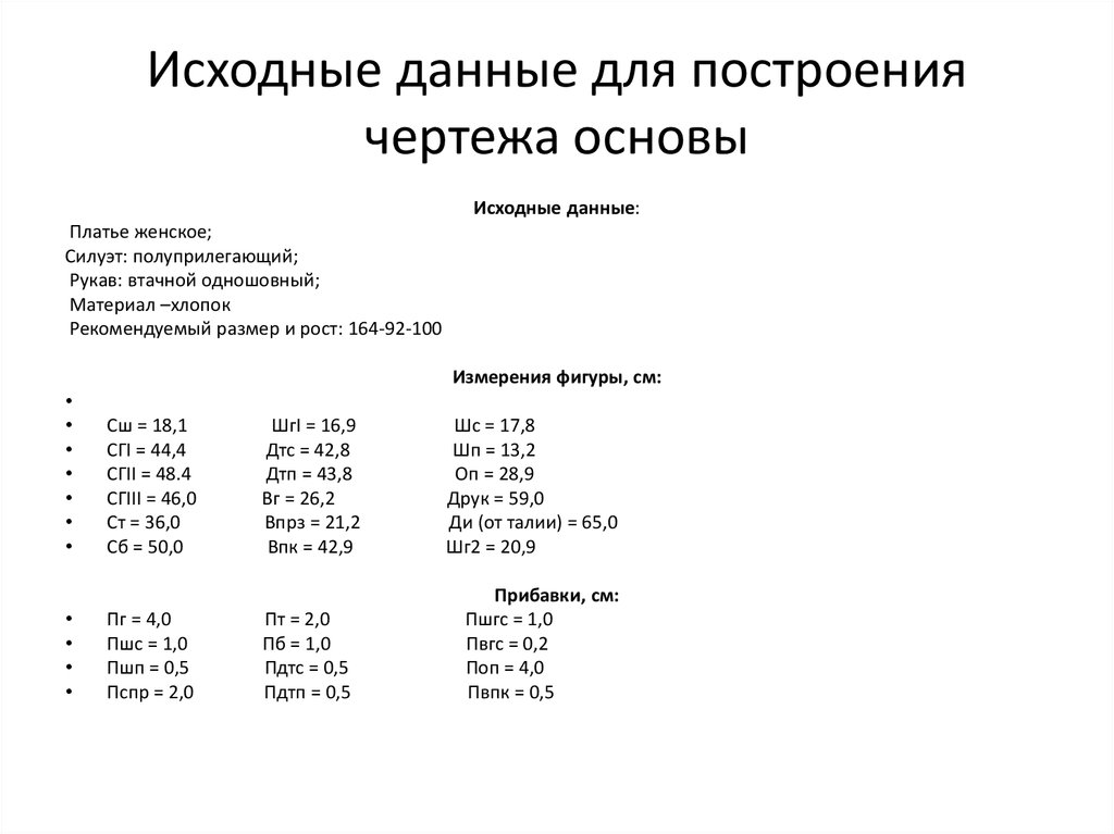 Для построения чертежа основы необходимы следующие исходные данные