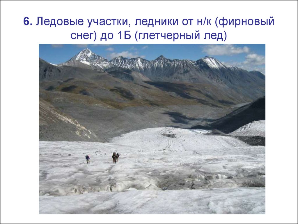 6. Ледовые участки, ледники от н/к (фирновый снег) до 1Б (глетчерный лед)