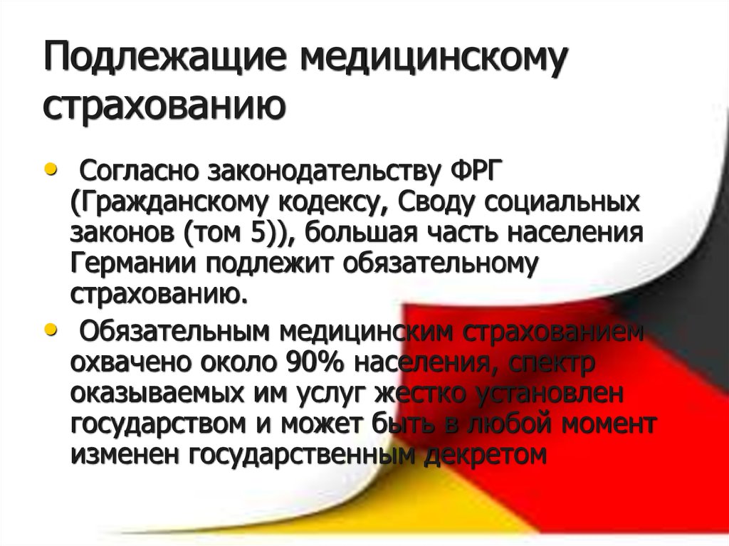 Подлежащие социальному страхованию это. Кто подлежит обязательному страхованию. Кто подлежит обязательному медицинскому страхованию. Система здравоохранения в Германии презентация. Страхование в Германии презентация.