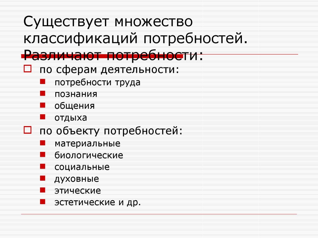 Объект потребностей. Классификация потребностей по сферам деятельности. Потребности по объекту. Потребности по объекту и субъекту. Этические и эстетические потребности.