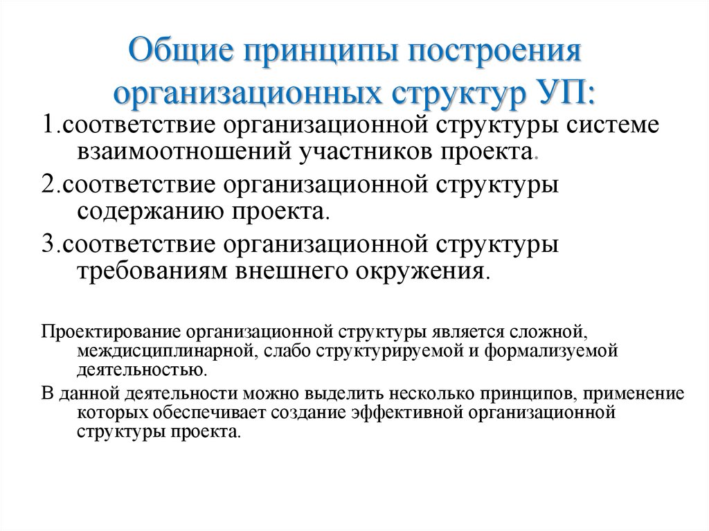 Общим принципам выбора и построения организационной структуры управления проектом относятся