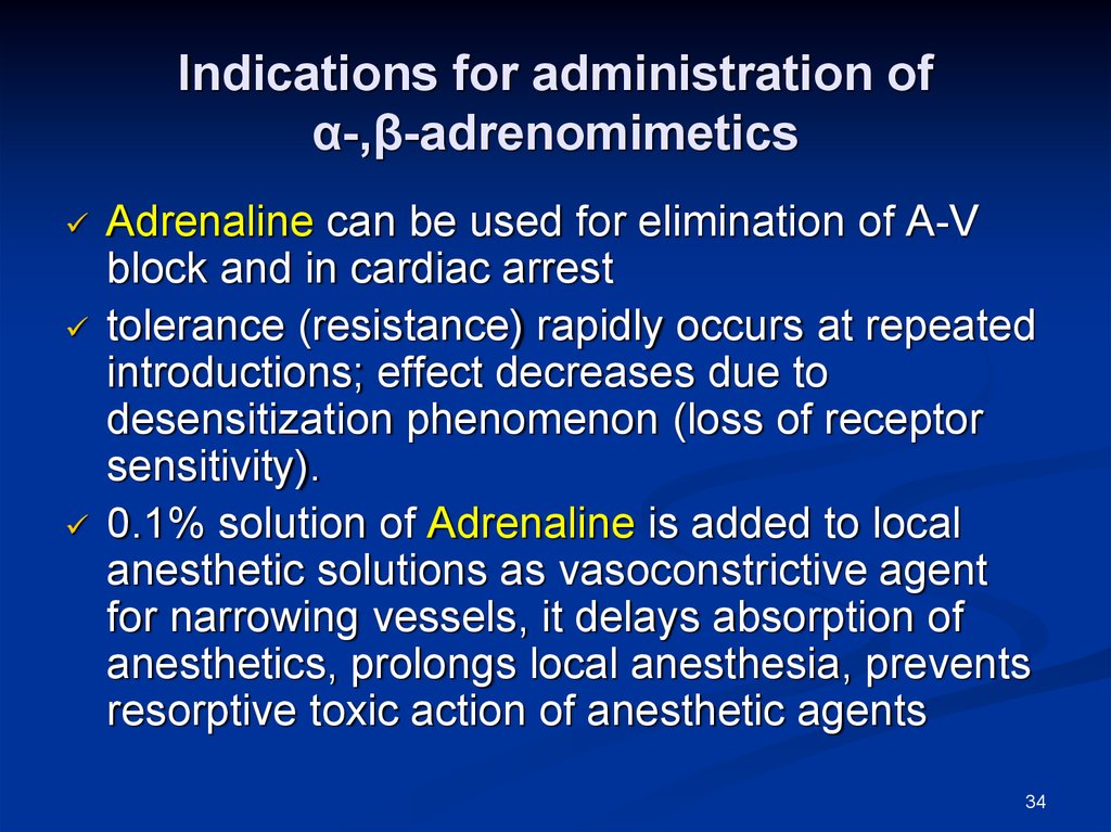 Indications for administration of α-,β-adrenomimetics