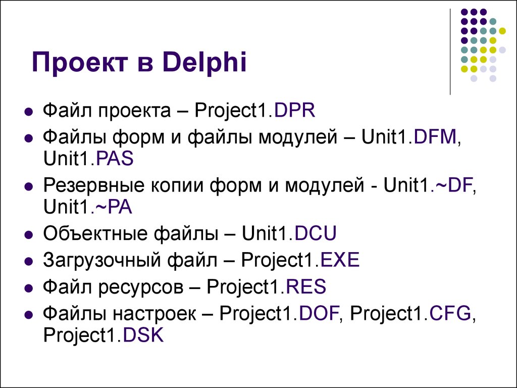 Файлов юнитов. Файлы проекта DELPHI. Файл для проекта. Расширения файлов DELPHI. Структура проекта Делфи.