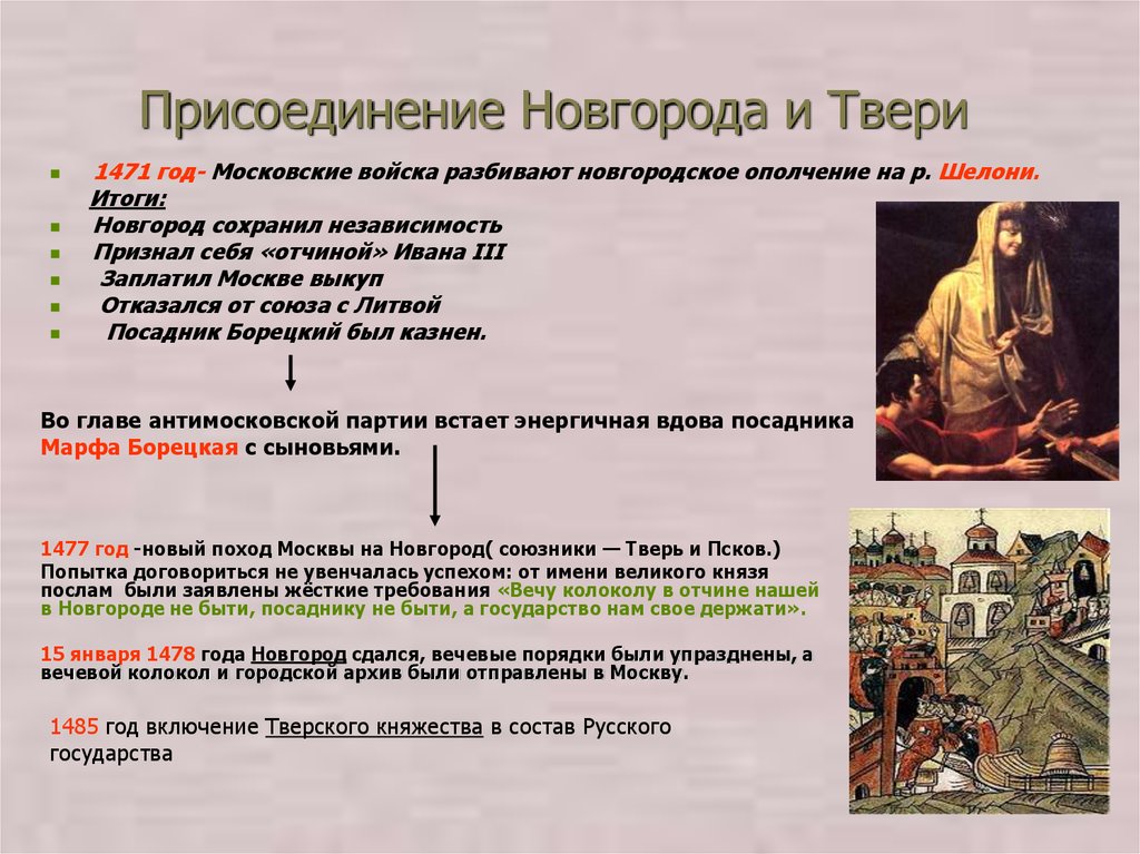 Установите соответствие посадник. Присоединение Новгорода к московскому княжеству 1478. 1471 И 1478 присоединение Новгорода к Москве.