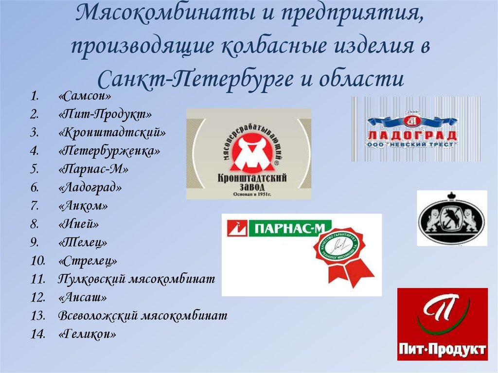 Мясокомбинаты и предприятия, производящие колбасные изделия в Санкт-Петербурге и области
