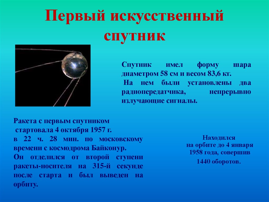 Диаметр первого спутника. Спутник 1 первый искусственный Спутник земли. Первый искусственный Спутник земли 1957. Запуск первого искусственного спутника земли Спутник-1 кратко. Искусственные спутники земли.