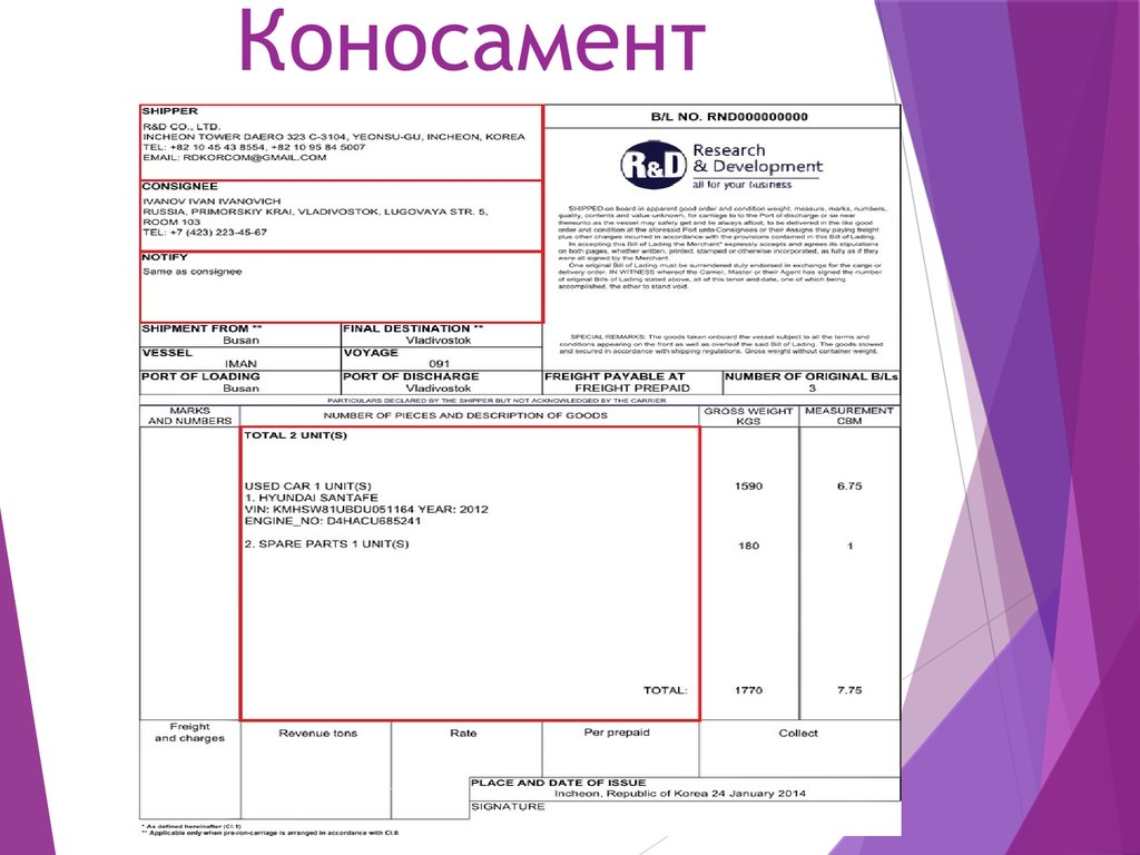 Образец коносамента заполненный