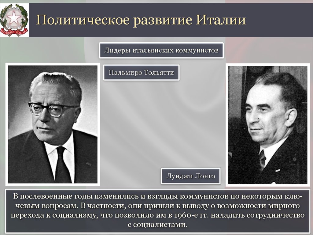 Политическое развитие италии таблица. Политическое развитие Италии. Политические Лидеры Италии. Политическое развитие Италии после войны. Лидеры Италии после войны.