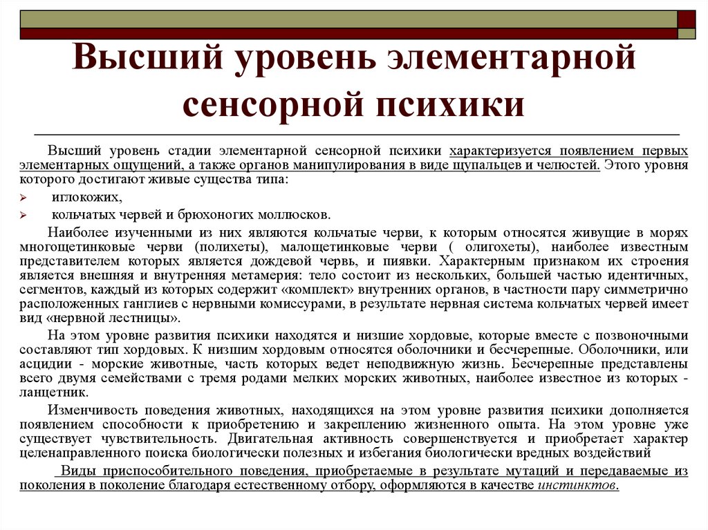 Низший уровень элементарной сенсорной психики. Высший уровень элементарной сенсорной психики. Стадия элементарной сенсорной психики высший уровень. Характеристика высшего уровня элементарной сенсорной психики.