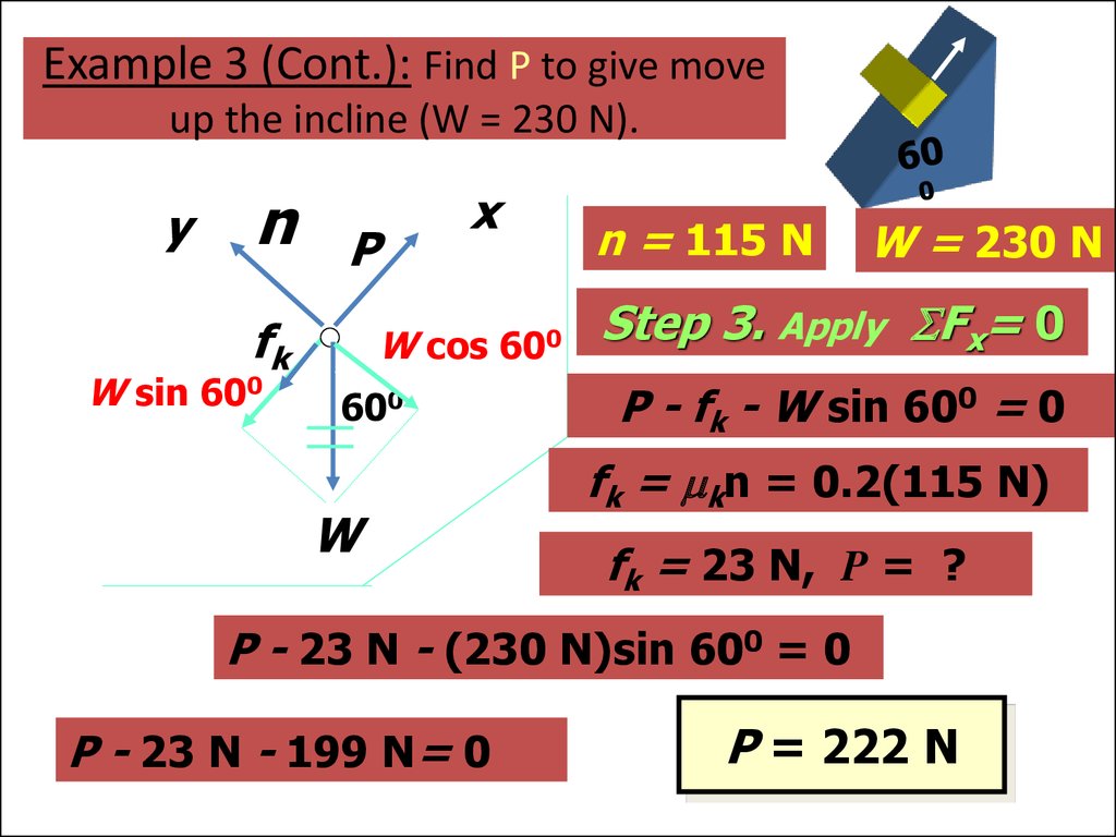 Example 3 (Cont.): Find P to give move up the incline (W = 230 N).