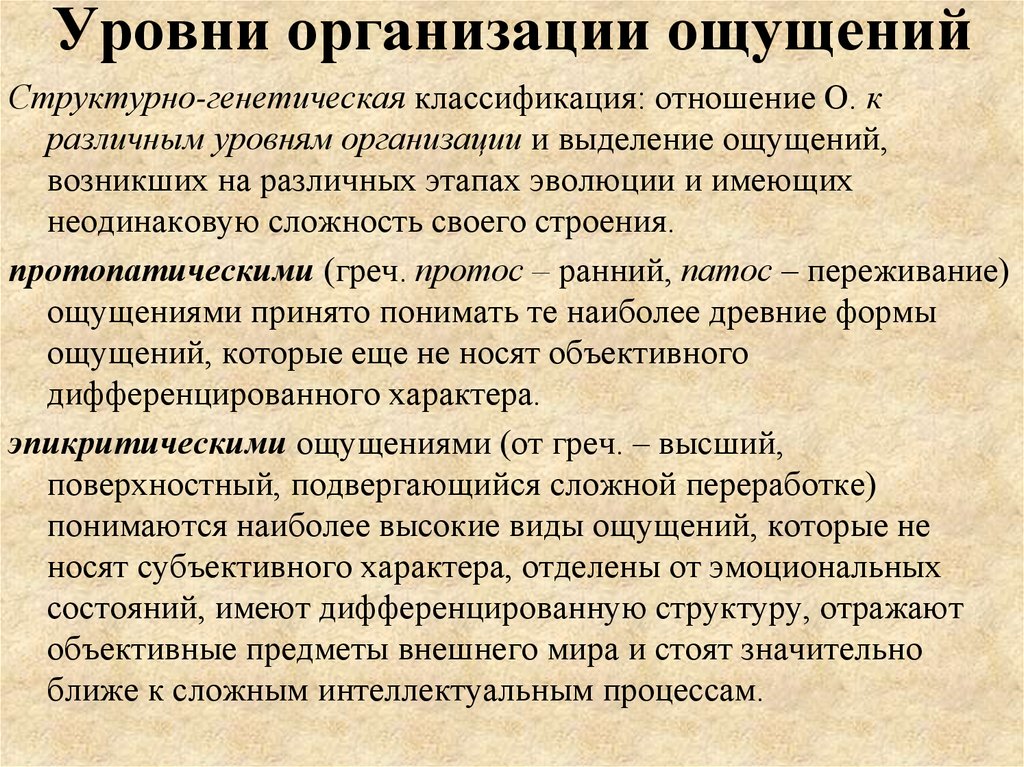 Формы ощущений. Уровни организации ощущений. Генетическая классификация ощущений. Генетическая классификация ощущений Хэда. Организация ощущений.