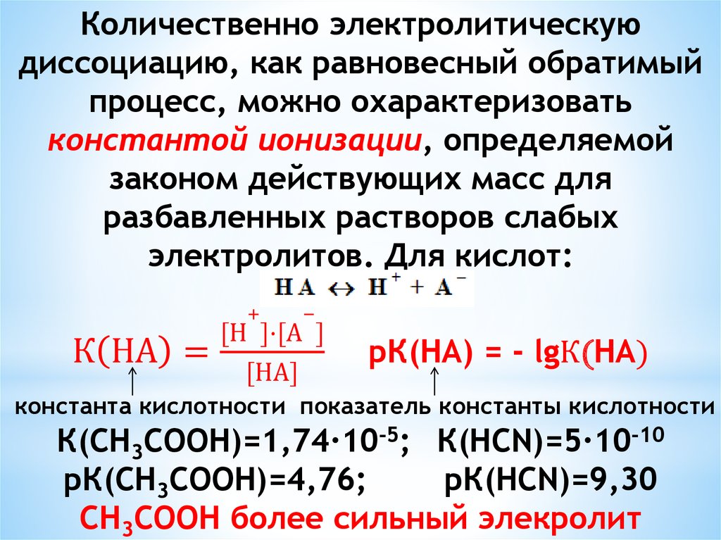 Уравнение электролитической диссоциации гидроксида. Процесс диссоциации процесс для слабых электролитов. Константа электролитической диссоциации. Константа кислотности слабой кислоты. Константа ионизации (диссоциации).