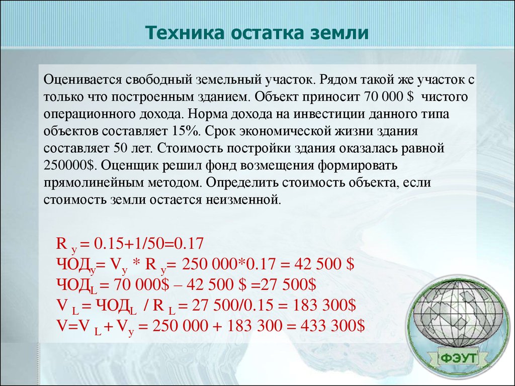 Остаток почвы. Техника остатка для земли. Определить стоимость земельного участка методом остатка. Метод техники остатка для земли. Метод техники остатка для участка земли.