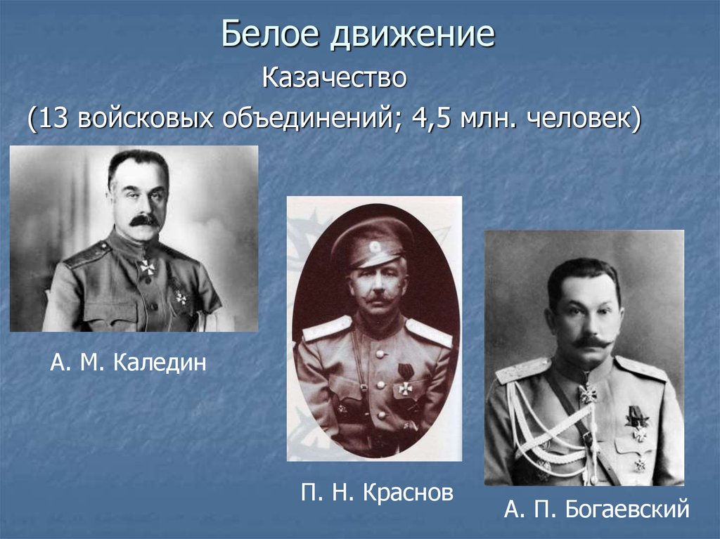 Белое движение участники. Каледин, Дутов, Краснов, Семенов. Гражданская война 1917 предводители белого движения. Лидеры белых в гражданской войне. Деятели белого движения.