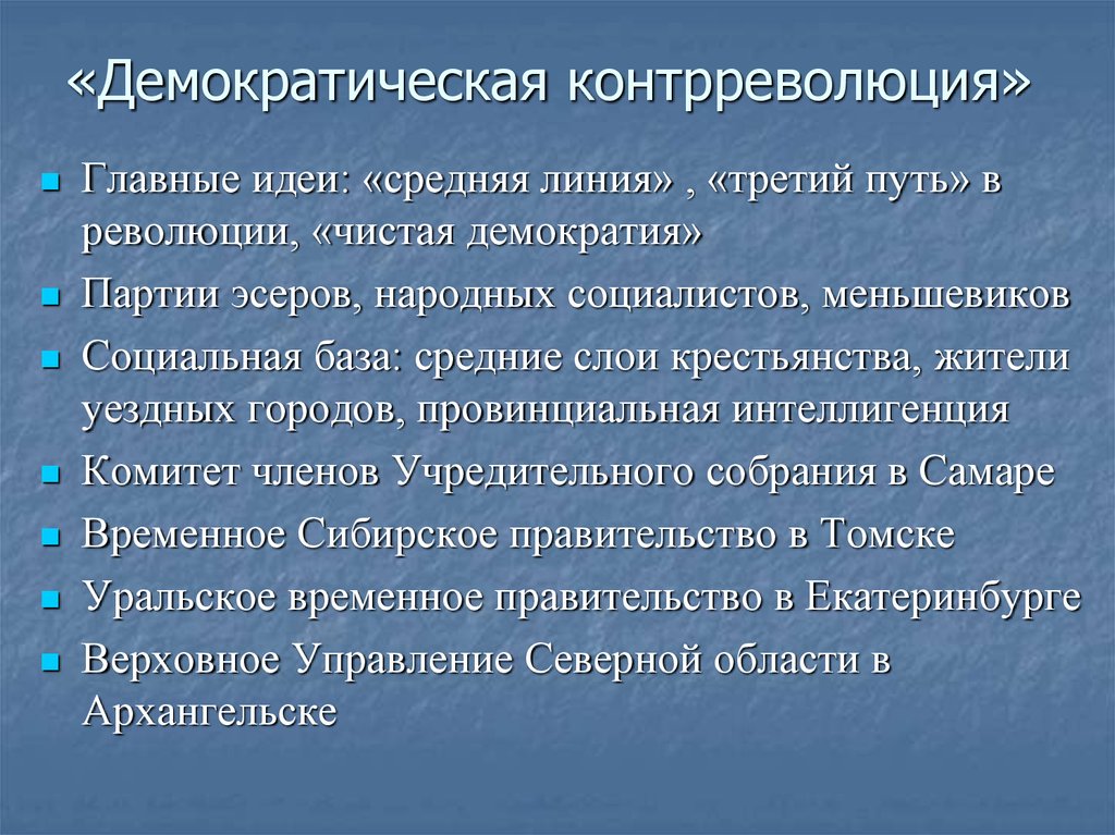 Политическое поражение. Демократическая контрреволюция. Демократическая контрреволюция 1918. Демократическая контрреволюция в годы гражданской войны. Демократическая контрреволюция в годы гражданской войны таблица.