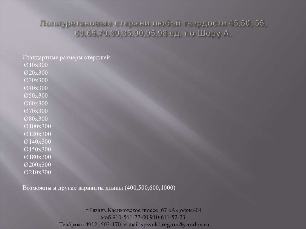 Полиуретановые стержни любой твердости 45,50, 55, 60,65,70,80,85,90,95,98 ед. по Шору А.