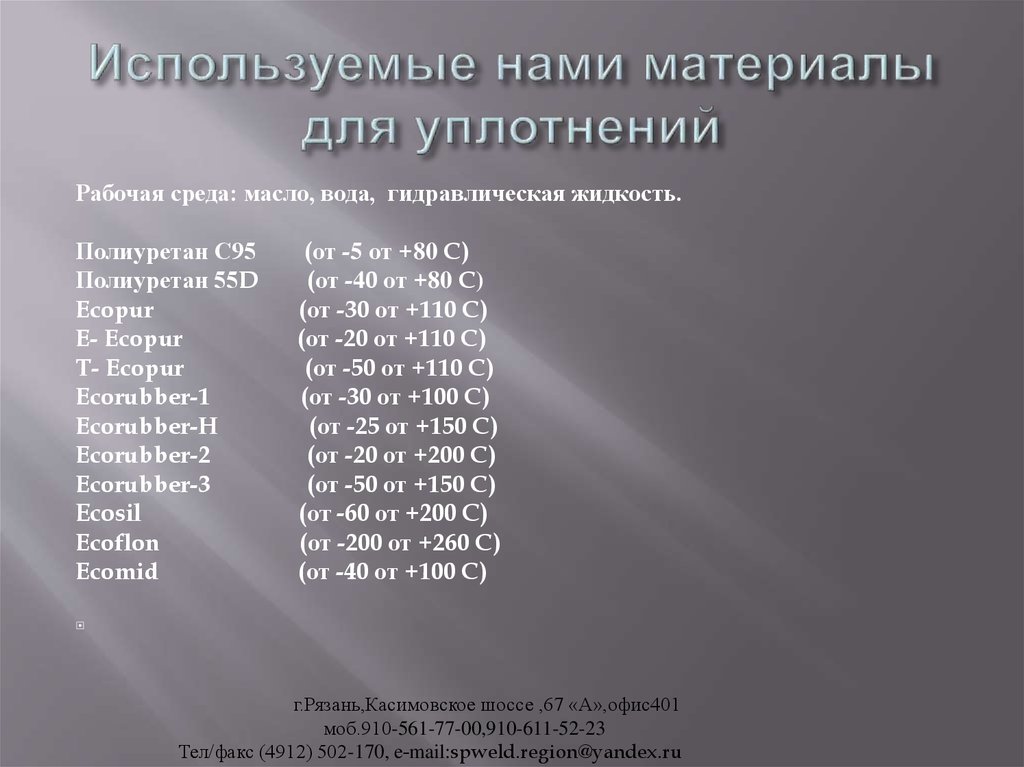 Используемые нами материалы для уплотнений