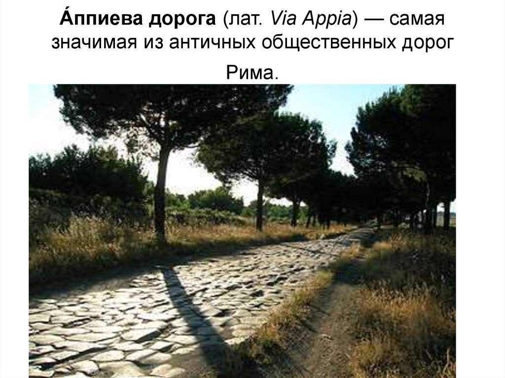 А́ппиева дорога (лат. Via Appia) — самая значимая из античных общественных дорог Рима.