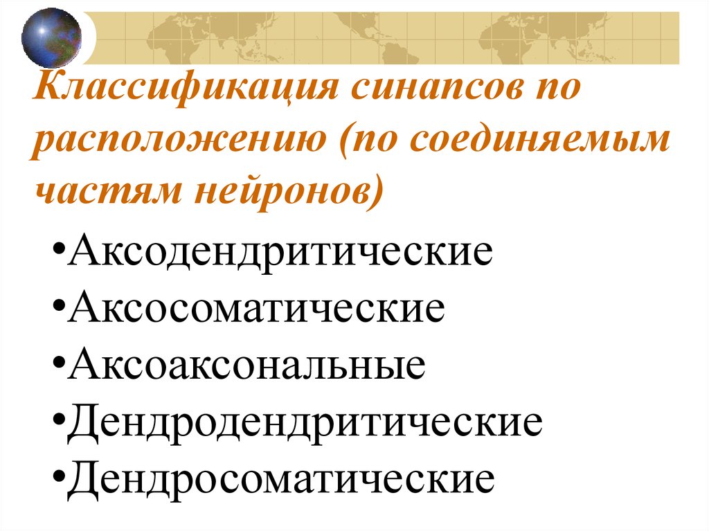 Классификация синапсов по расположению (по соединяемым частям нейронов)