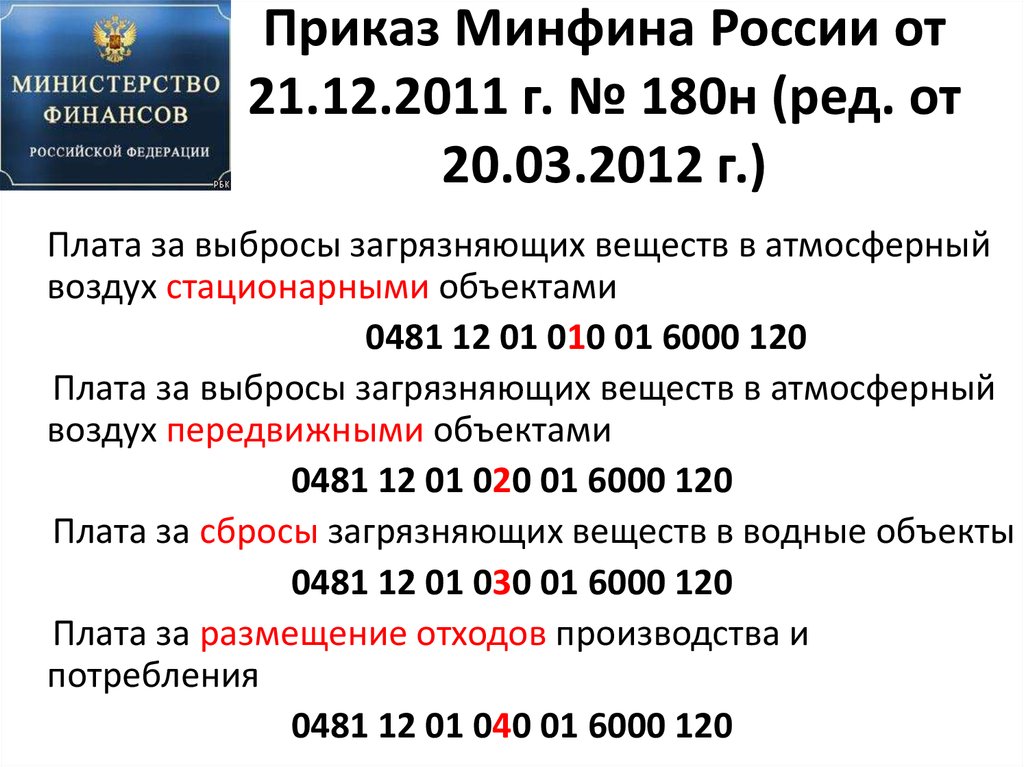 Приказ Минфина России от 21.12.2011 г. № 180н (ред. от 20.03.2012 г.)