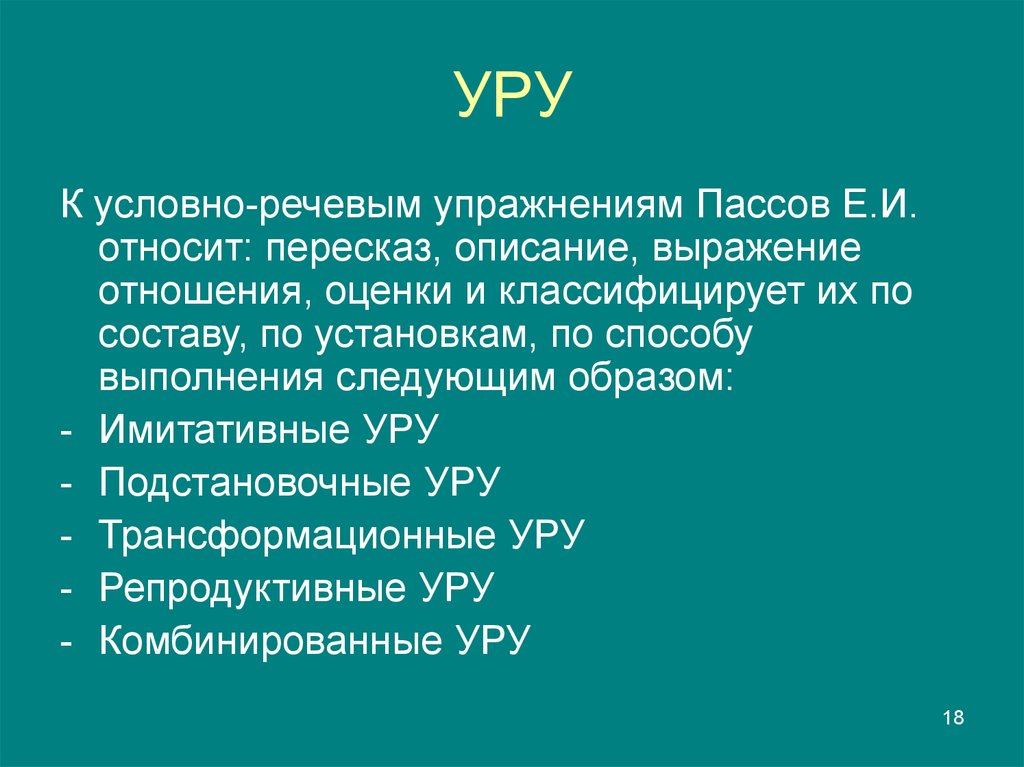 Репродукция упражнения. Условно-речевые упражнения. Подстановочные Уру.