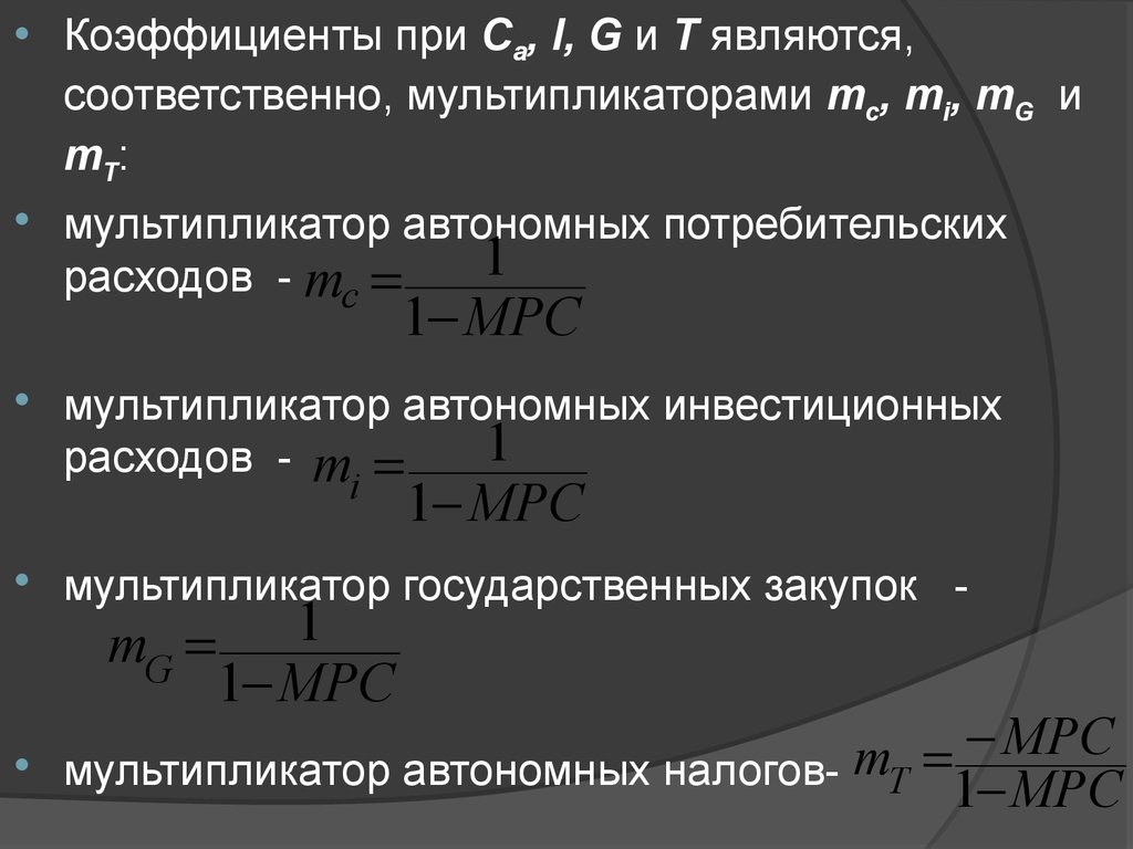 Мультипликатор собственного капитала. Мультипликатор автономных расходов. Мультипликатор закупок. Мультипликатор инвестиционных расходов.