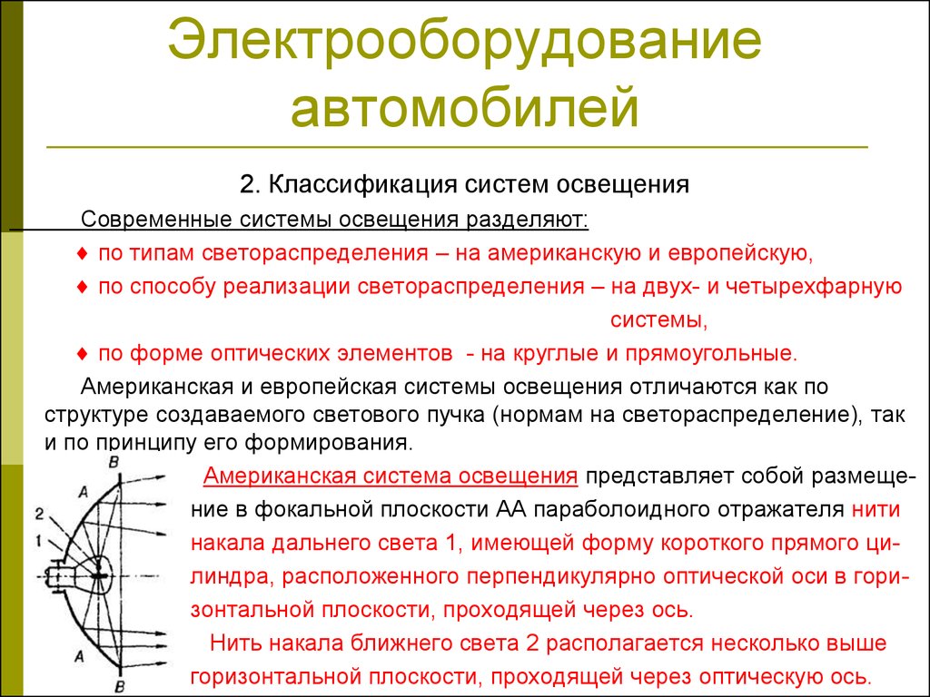 Система освещения и сигнализации. Американская система освещения. Классификация электрооборудования автомобиля. Светораспределение американской и европейской системы освещения. Классификация систем освещения автомобиля.