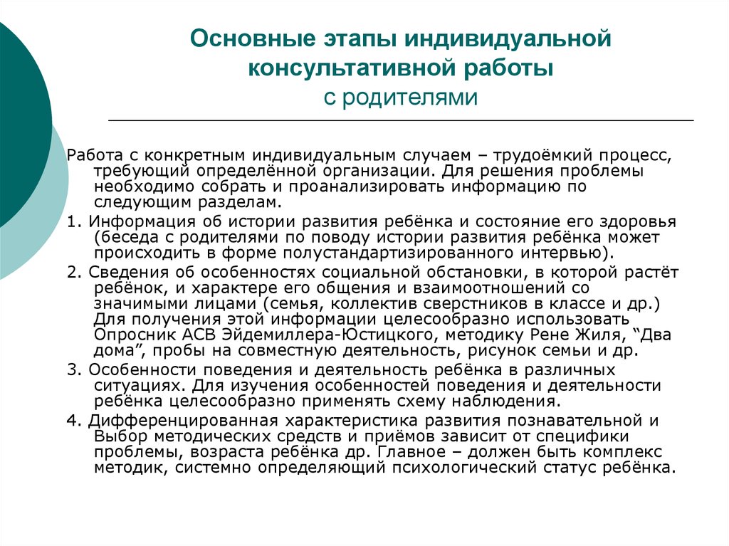 План проведения индивидуальной консультации с родителями