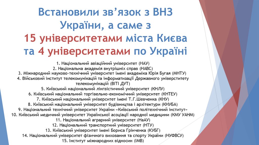 Встановили зв’язок з ВНЗ України, а саме з 15 університетами міста Києва та 4 університетами по Україні