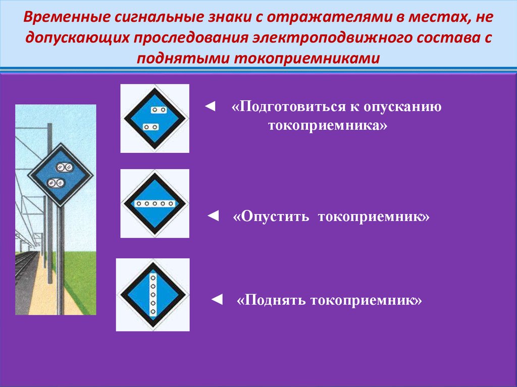 Сигнальные знаки устанавливаются. Сигнальный знак опустить токоприемник. Временный сигнальный знак поднять токоприемник. Сигнальный знак подготовиться к опусканию токоприемника. Знаки опустить токоприемник и поднять.