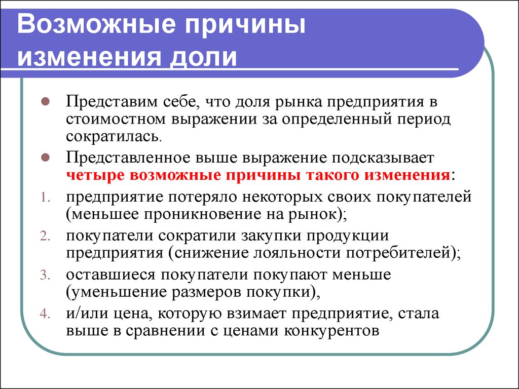 Причины изменений качества. Возможные причины. Причины модификации. Потеря доли рынка. Возможные причины открытого ..