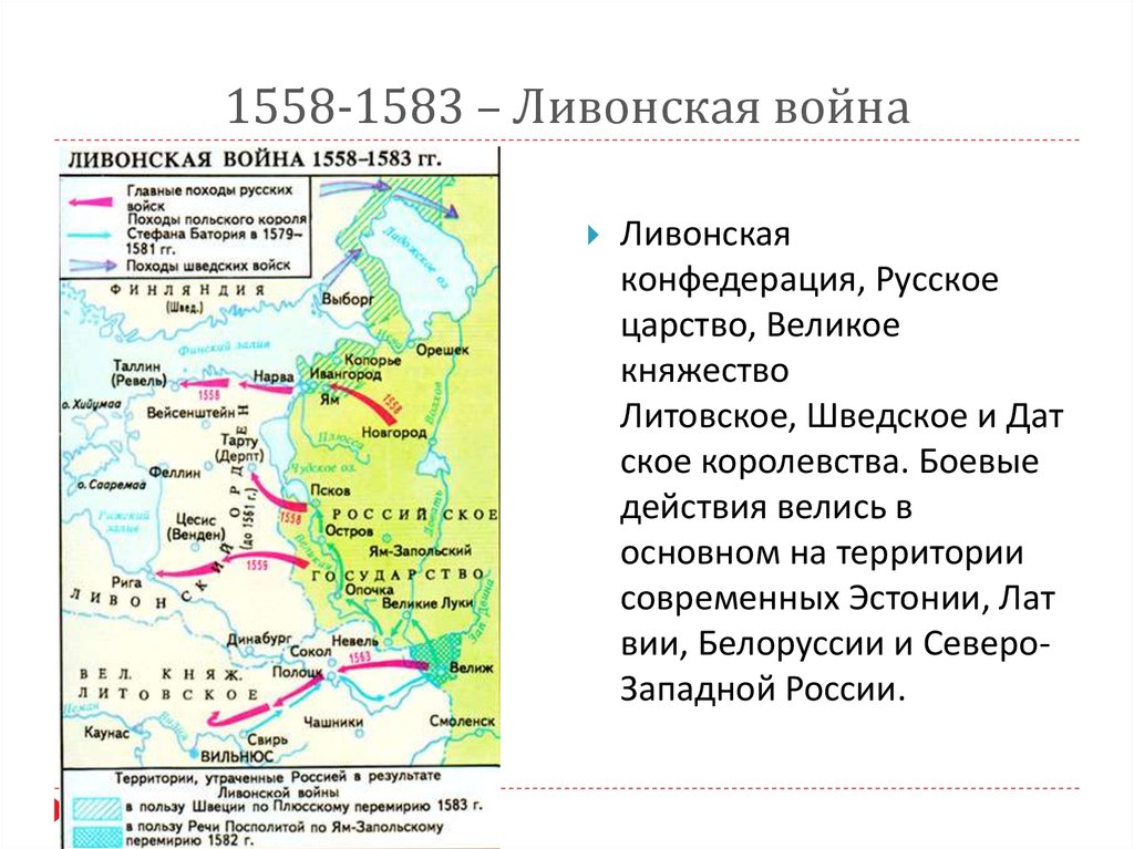 После прекращения существования ливонского ордена противниками россии. Итоги Ливонской войны 1558-1583. Карта Ливонской войны 1558-1583.