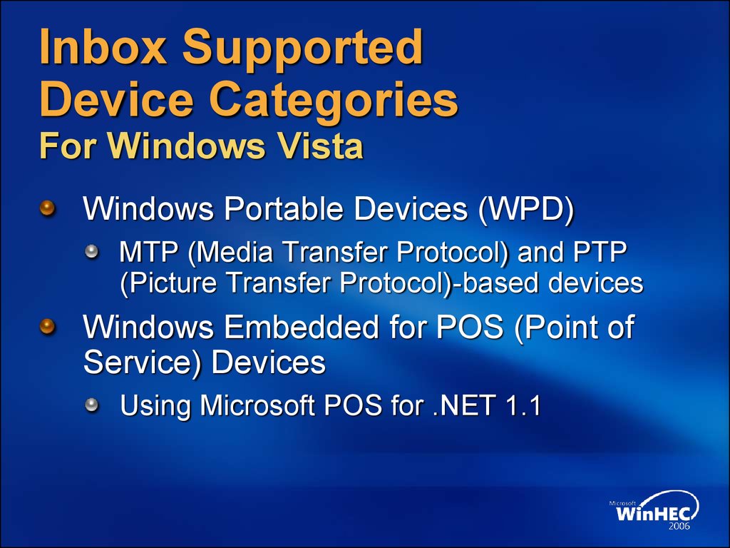 Inbox Supported Device Categories For Windows Vista