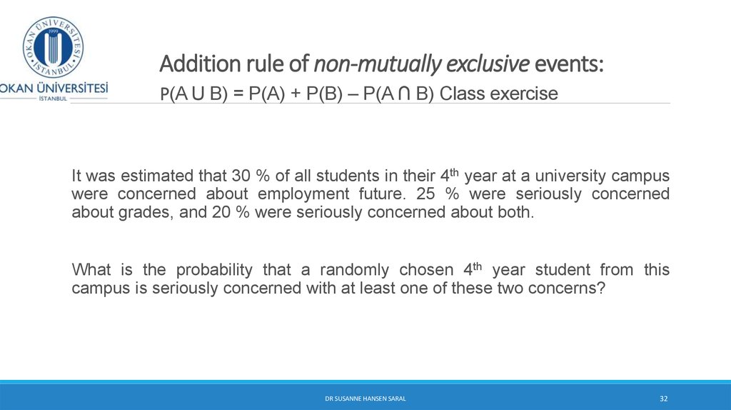 Addition rule of non-mutually exclusive events: P(A U B) = P(A) + P(B) – P(A ∩ B) Class exercise