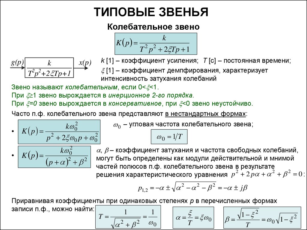 Коэффициент порядка. Колебательное звено Тау формула. Передаточная функция инерционного звена 2 – го порядка. Колебательное звено передаточная функция. Типовые звенья.