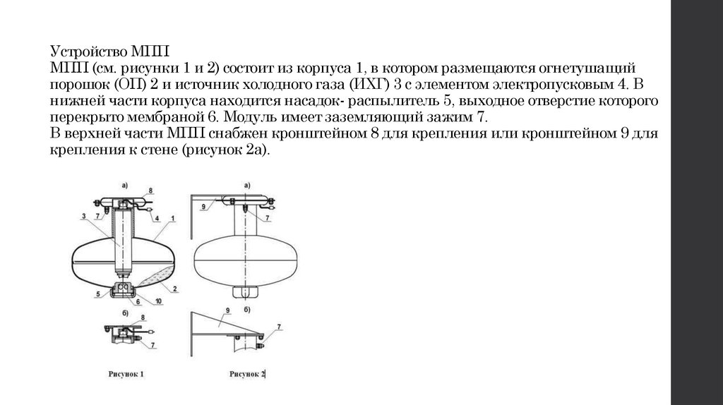 Устройство МПП МПП (см. рисунки 1 и 2) состоит из корпуса 1, в котором размещаются огнетушащий порошок (ОП) 2 и источник