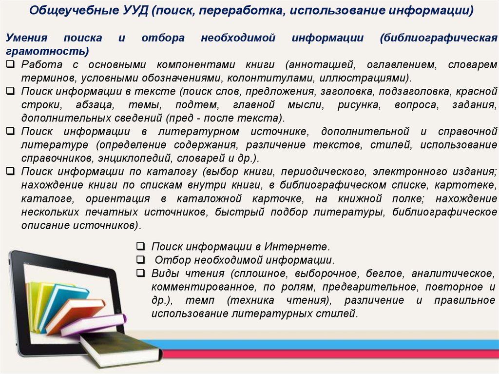 Переработка и использование информации. Поиск информации ууд. общеучебные ууд. информационный поиск ууд.
