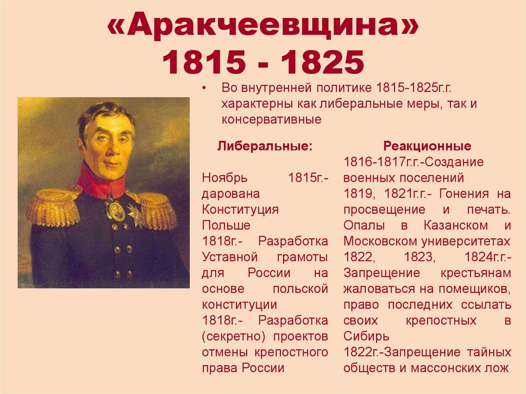 Причины отказа от либеральных реформ. Реформы Аракчеева при Александре 1 кратко. Внутренняя политика 1815 1825 Аракчеев.