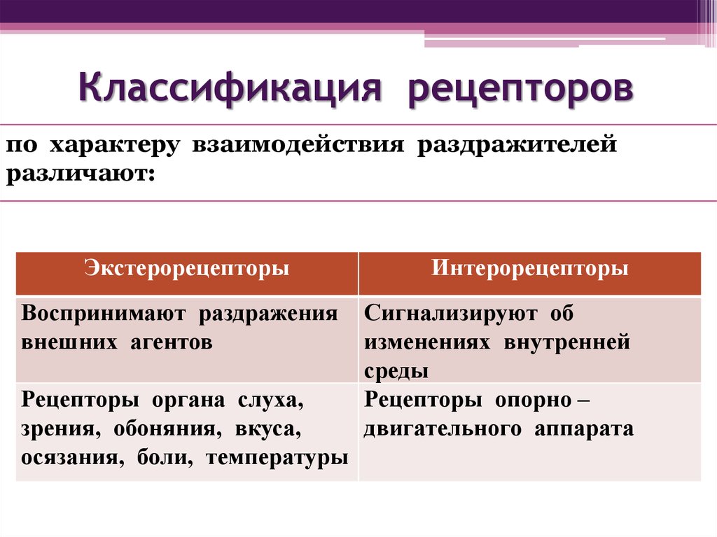 Рецепторы воспринимают. Классификация рецепторов по характеру взаимодействия. Классификация рецепторов по характеру воспринимаемой среды. Рецепторы классификация рецепторов. Классификация проприорецепторов.