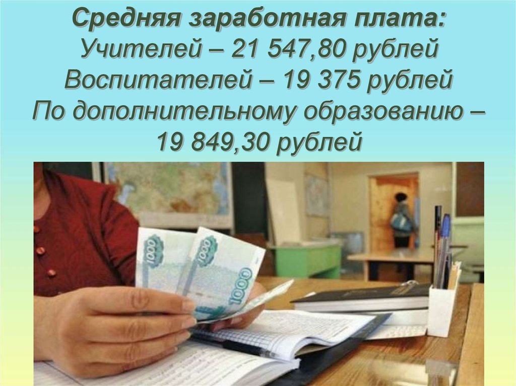 Средняя заработная плата: Учителей – 21 547,80 рублей Воспитателей – 19 375 рублей По дополнительному образованию – 19 849,30 рублей