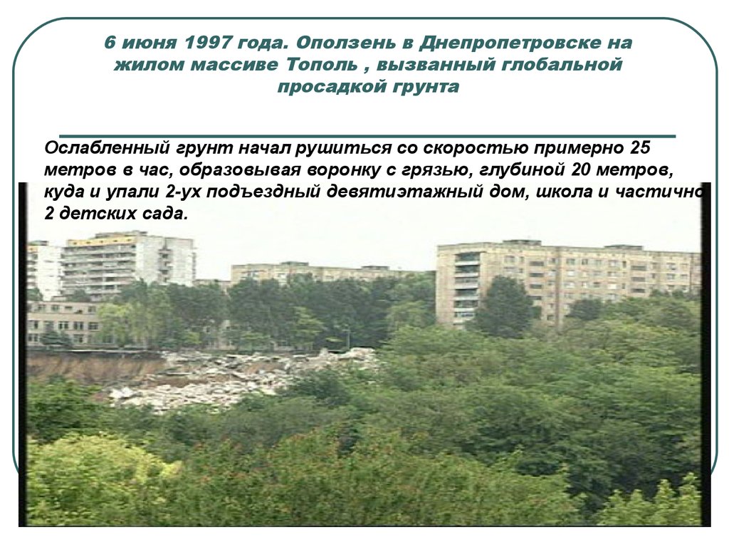 6 июня 1997 года. Оползень в Днепропетровске на жилом массиве Тополь , вызванный глобальной просадкой грунта