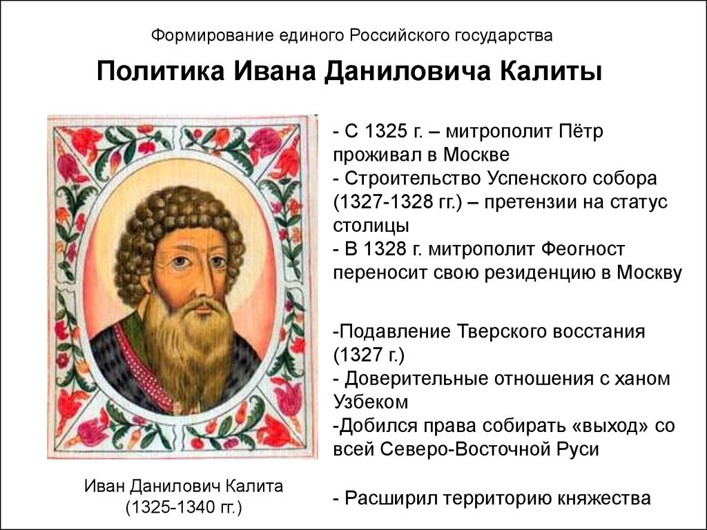 Какие действия ивана калиты способствовали восстановлению. Внешняя политика Ивана 1 Даниловича Калиты.